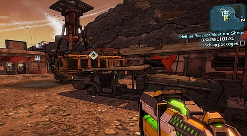 Approach the Bounty Board [1] to begin the mission - Neither Rain nor Sleet nor Skags - Three Horns Valley - Borderlands 2 - Game Guide and Walkthrough