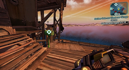 Some chests are found in the upper parts of the camp, accessible by stairs found somewhere around the building - Neither Rain nor Sleet nor Skags - Three Horns Valley - Borderlands 2 - Game Guide and Walkthrough