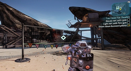 After collecting all the items, Use Gas cans on the net from the screenshot [4] - Too Close For Missiles - The Dust - Borderlands 2 - Game Guide and Walkthrough