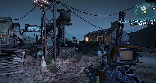 Speak to Ellie [1] and head to the place of the battle of the two families [2] in the western part of the map - Clan War: Zafords vs. Hodunks - The Dust - Borderlands 2 - Game Guide and Walkthrough
