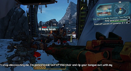 After accepting the mission, start up the generator by the entrance to Tina's garage - You Are Cordially Invited: Tea Party - Tundra Express - Borderlands 2 - Game Guide and Walkthrough