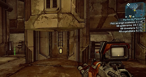 Pick up the item and on the right side of the same room you will find a ladder which will take you to a shortcut to the exit from this location - Perfectly Peaceful - Sanctuary part 2 - Borderlands 2 - Game Guide and Walkthrough