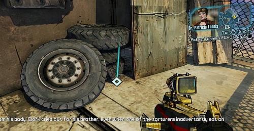 The last recording is beside the entrance to Scooter's workshop [6] - Torture Chairs - Sanctuary part 2 - Borderlands 2 - Game Guide and Walkthrough