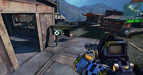 After finding five recordings, approach the mailbox in the camp [4] to end the mission - Stalker of Stalkers - The Highlands - Borderlands 2 - Game Guide and Walkthrough