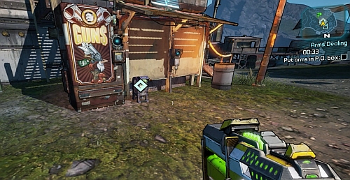 Now return to the vehicle and quickly drive to the Bounty Board [1] (the timer is still on) - Arms Dealing - The Highlands - Borderlands 2 - Game Guide and Walkthrough