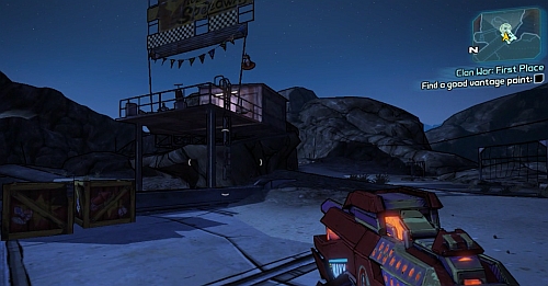 Now return to the beginning of the bridge and climb the ladder to the vantage points shown in the above screenshot - Clan War: First Place - The Highlands - Borderlands 2 - Game Guide and Walkthrough