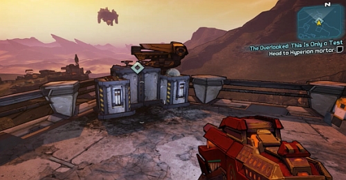 Accept the mission from Karima [1] and head to the southern part of The Highlands, to the Robot camp [2] - The Overlooked: This Is Only a Test - The Highlands - Borderlands 2 - Game Guide and Walkthrough