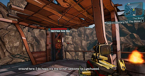 After getting out of the tunnel, on the left you should see the shack from the above screenshot [6], inside of which you have to destroy a fuse box - The Bane - Sanctuary part 3 - Borderlands 2 - Game Guide and Walkthrough