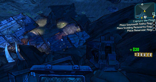 In order to save time on unnecessary travel, jump into the camp below (screenshot) in the spot marked as [3] - The Chosen One - Sanctuary part 3 - Borderlands 2 - Game Guide and Walkthrough