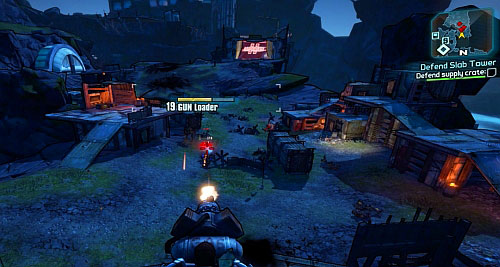 After placing the last Beacon, quickly head onto the roof of the building where the turret is mounted [3] - Defend Slab Tower - Thousand Cuts - Borderlands 2 - Game Guide and Walkthrough