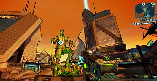 Accept the mission [1], head to the first statue [2] and shoot at it - Statuesque - Opportunity - Borderlands 2 - Game Guide and Walkthrough
