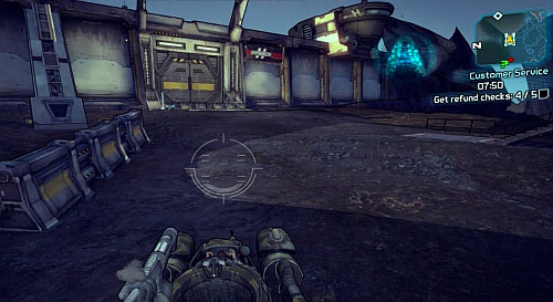 In order to reach [7], stand in front of the gate from the above screenshot [6] and wait for it to open, with the car waiting outside - Customer Service - Eridium Blight - Borderlands 2 - Game Guide and Walkthrough