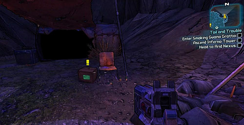 In the upper part of the camp you will find a cardboard box with an ECHO Recorder inside [2] - The Lost Treasure - Sawtooth Cauldron - Borderlands 2 - Game Guide and Walkthrough