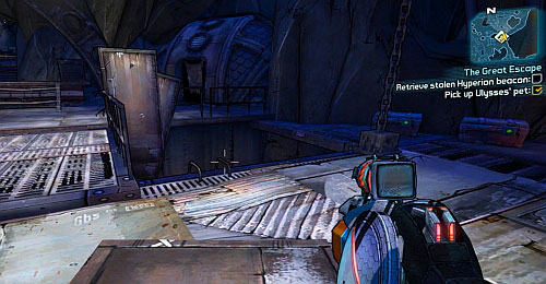 Head to the spot marked as [2] and head down the ladder shown in the screenshot - The Great Escape - Sawtooth Cauldron - Borderlands 2 - Game Guide and Walkthrough