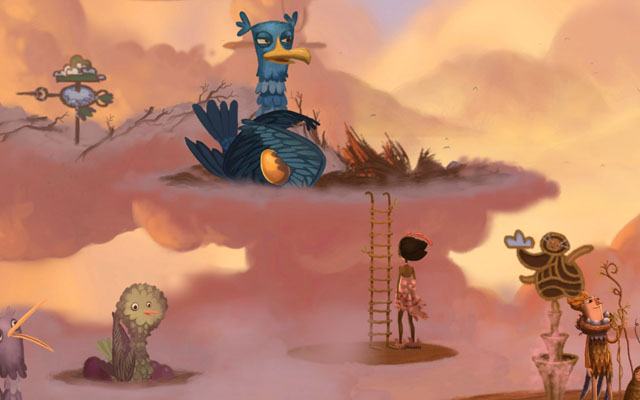 Use the ladder to climb up to elevated areas - Meriloft - Chapter 1 - Vella - Broken Age - Game Guide and Walkthrough