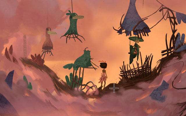 Talk to the woman who is hanging down from the nest - Meriloft - Chapter 1 - Vella - Broken Age - Game Guide and Walkthrough