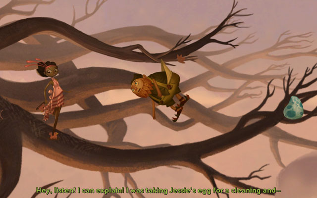 The guy hanging on the tree is asking you for help - Meriloft - Chapter 1 - Vella - Broken Age - Game Guide and Walkthrough