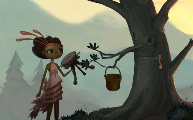 Hang the bucket on the tree branch - Shellmound - Chapter 1 - Vella - Broken Age - Game Guide and Walkthrough