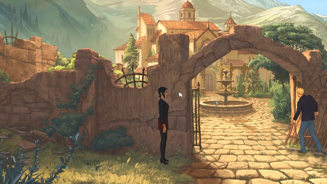 Right after you get to your destination, you get into trouble. - Nico and George - Castell Gate, Castell Garden - Castell dels Sants - Broken Sword: The Serpents Curse - Game Guide and Walkthrough