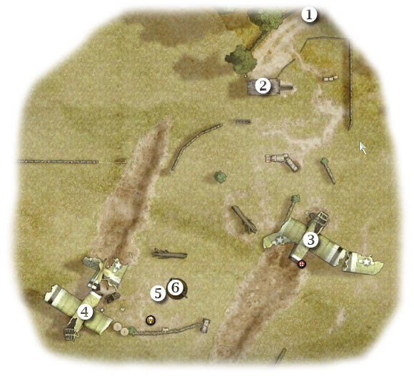 Map legend: 1 - starting area - Chapter 2: Operation Market - SEVENTH ASSIGNMENT:br Defend glider crash site - part 2 - Chapter 2: Operation Market - Brothers in Arms: Hells Highway - Game Guide and Walkthrough