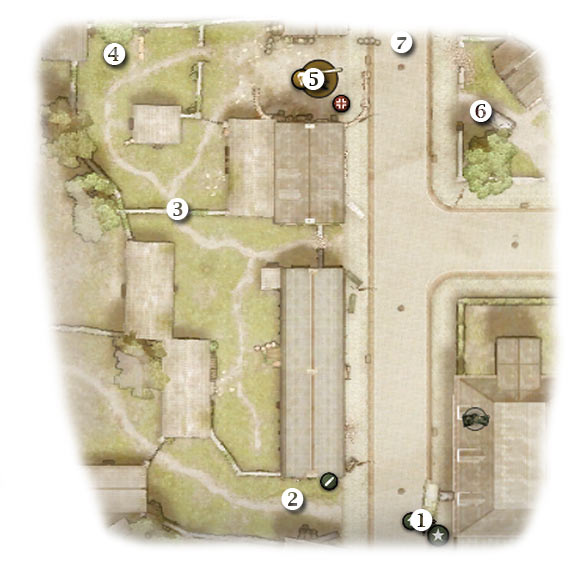Map legend: 1 - starting area - Chapter 4: Written in Stone - SIXTH ASSIGNMENT:br Destroy the Kloosterdreef 88 - Chapter 4: Written in Stone - Brothers in Arms: Hells Highway - Game Guide and Walkthrough