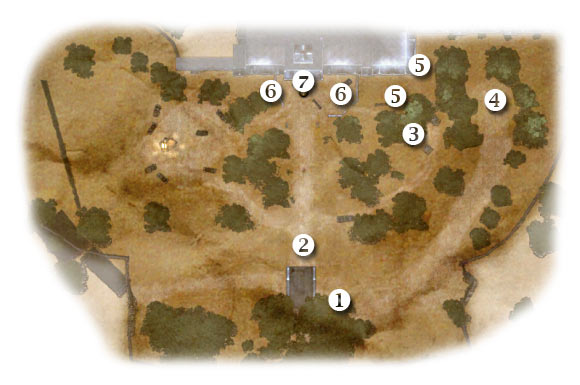 Map legend: 1 - starting area - Chapter 7: The Rabbit Hole - FIRST ASSIGNMENT:br Eliminate German patrols - Chapter 7: The Rabbit Hole - Brothers in Arms: Hells Highway - Game Guide and Walkthrough