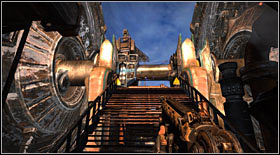 Going between the large wheels, you have to destroy their mounting using the leash (remember that enemies will appear right after you do it) - Act III - Chapter 2 - Walkthrough - Bulletstorm - Game Guide and Walkthrough