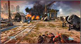 Newsbot #9: placed nearby the last, on the field of the battle mentioned above, beside a burning helicopter - Newsbots - p. 1 - Secrets - Bulletstorm - Game Guide and Walkthrough