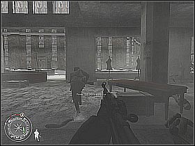 Stand in one of the destroyed windows (screen 1) and start aiming at the enemy soldiers (they are defending the opposite building) - Demolition - The Winter War - Call of Duty 2 - Game Guide and Walkthrough