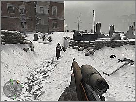You should get closer to the huge building occupied by the German soldiers (screen 1) - Demolition - The Winter War - Call of Duty 2 - Game Guide and Walkthrough