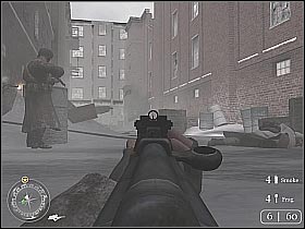 There's a machine gun post at the other end of this street - Repairing the Wire - Not One Step Backwards! - Call of Duty 2 - Game Guide and Walkthrough