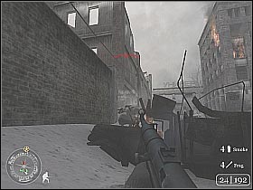 Start running towards the left building (that's where the enemies showed up) - Stalingrad City Hall - Fortress Stalingrad - Call of Duty 2 - Game Guide and Walkthrough