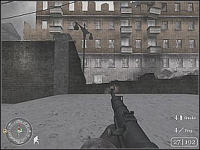 Move a little bit closer and start shooting at German soldiers (screen 1) - Stalingrad City Hall - Fortress Stalingrad - Call of Duty 2 - Game Guide and Walkthrough