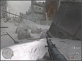 Watch out, there's a heavy machine gun post nearby (screen 1) - Stalingrad City Hall - Fortress Stalingrad - Call of Duty 2 - Game Guide and Walkthrough