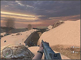 Taking care of the Germans standing by the huge gun shouldn't be a problem (screen 1), especially if you decided to use the smoke grenades - Operation Supercharge - The Battle of El Alamein - Call of Duty 2 - Game Guide and Walkthrough