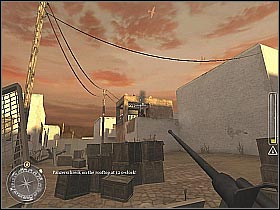 One of the surrounding buildings is being defended by two enemy soldiers armed with rocket launchers (screen 1) - Armored Car Escape - Rommel's Last Stand - Call of Duty 2 - Game Guide and Walkthrough