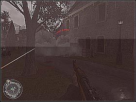 You've got to turn around now, because enemy soldiers have appeared in one of the surrounding buildings (screen 1) - The Crossroads - The Battle for Caen - Call of Duty 2 - Game Guide and Walkthrough