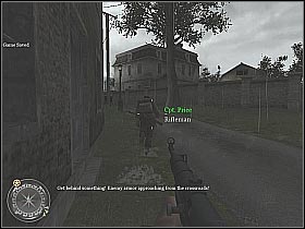 First of all, use some of your smoke grenades in order to blind units stationed at the other end of this road (screen 1) - The Crossroads - The Battle for Caen - Call of Duty 2 - Game Guide and Walkthrough