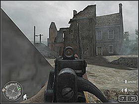 Start moving towards the heavy machine gun, the same one you neutralized earlier - The Brigade Box - The Battle for Caen - Call of Duty 2 - Game Guide and Walkthrough