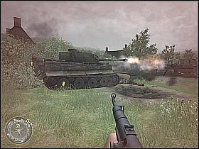 The tank is going to explode in a few seconds (screen 1), and the German forces will begin to retreat - The Brigade Box - The Battle for Caen - Call of Duty 2 - Game Guide and Walkthrough