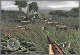 Walk under the lying tree (#1) and eliminating the enemies on the way, continue until the German post - Chapter II: The Island - Call of Duty 3 - Game Guide and Walkthrough
