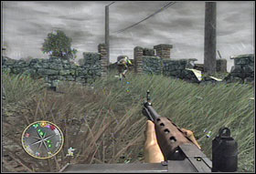 Now you need to go in your comrades wake and head toward the house, entrance of which you safe-guarded using the sniper rifle (#1) - Chapter II: The Island - Call of Duty 3 - Game Guide and Walkthrough