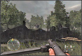Run to the tree trunk (#1) and using a sniper rifle eliminate the opponents on the hill side on the left - Chapter IX: Laison River - Call of Duty 3 - Game Guide and Walkthrough
