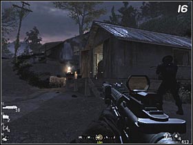 Wait for Gaz and Price to finish their conversation, then follow them to the first hut(#15), occupied by the enemy soldiers - Blackout - Walkthrough - Call of Duty 4: Modern Warfare - Game Guide and Walkthrough