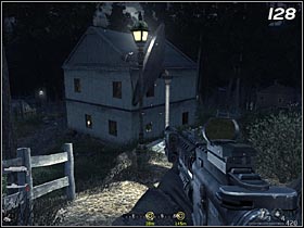 The last building to be checked in this part of village, is a white house (#128) with a satellite dish next to it - Safehouse - Walkthrough - Call of Duty 4: Modern Warfare - Game Guide and Walkthrough
