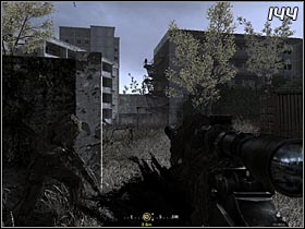 The next opponent will be standing at the top of the stairs by the building (#144) Use your sniper rifle to eliminate him - All Ghillied Up - Walkthrough - Call of Duty 4: Modern Warfare - Game Guide and Walkthrough