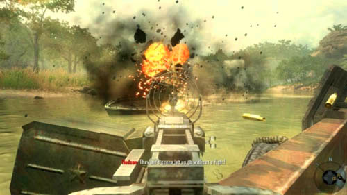 quickly go to the heavy machinegun on the right starboard, mount it and start shooting at the boat that is sailing nearby (picture above) - Mission 01: PYRRHIC VICTORY - Missions: Walkthrough - Call of Duty: Black Ops II - Game Guide and Walkthrough