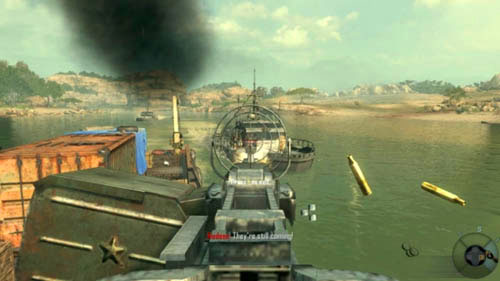 After sinking all four boats quickly get away from the heavy machinegun and use the left ladder to go to the upper part of the barge (be careful - it's easy to fall down if you're in a hurry) - Mission 01: PYRRHIC VICTORY - Missions: Walkthrough - Call of Duty: Black Ops II - Game Guide and Walkthrough