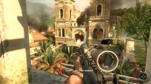 Your next task will be to take out five enemies in key positions in the opposite property (picture above) - there will be one sniper in the window of the left and right tower, as well as three enemies with rocket launchers on the balcony - Mission 04: TIME AND FATE - Missions: Walkthrough - Call of Duty: Black Ops II - Game Guide and Walkthrough