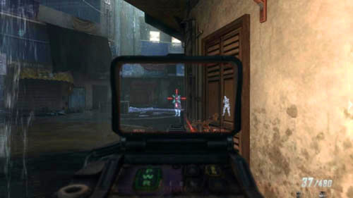 After eliminating the targets on the balconies, hide on the right side of the street, in one of the garages, and then lean out to the left and clear the area around the big gate - Mission 05: FALLEN ANGEL - Missions: Walkthrough - Call of Duty: Black Ops II - Game Guide and Walkthrough